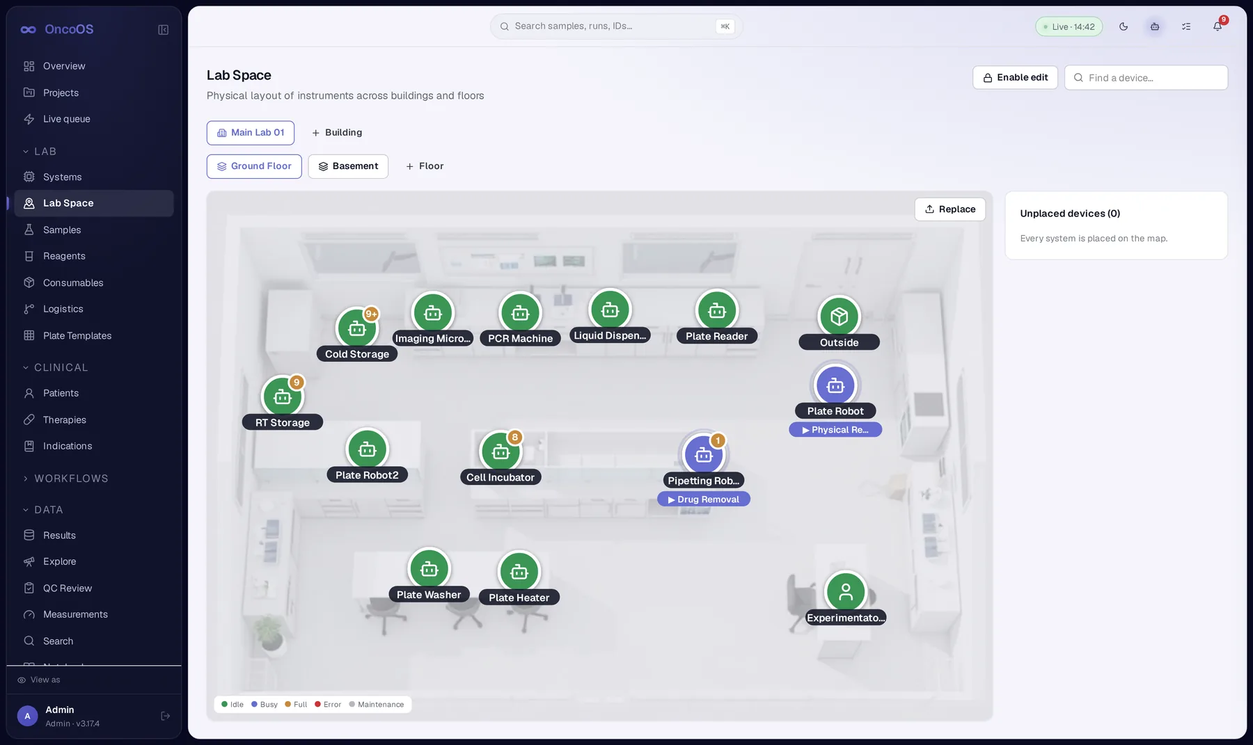 OncoOS Lab Space digital twin showing instrument placement on a floor plan