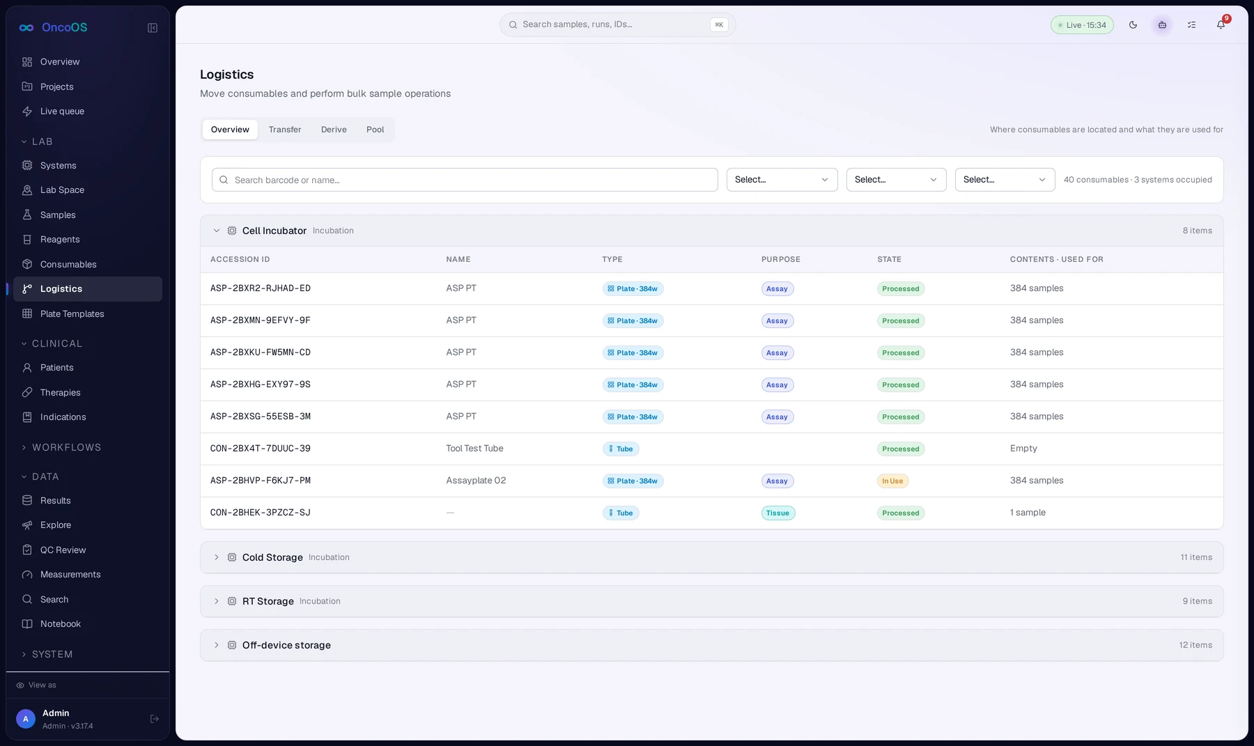 OncoOS Logistics page with the Cell Incubator location card expanded, showing 8 plates and tubes currently docked