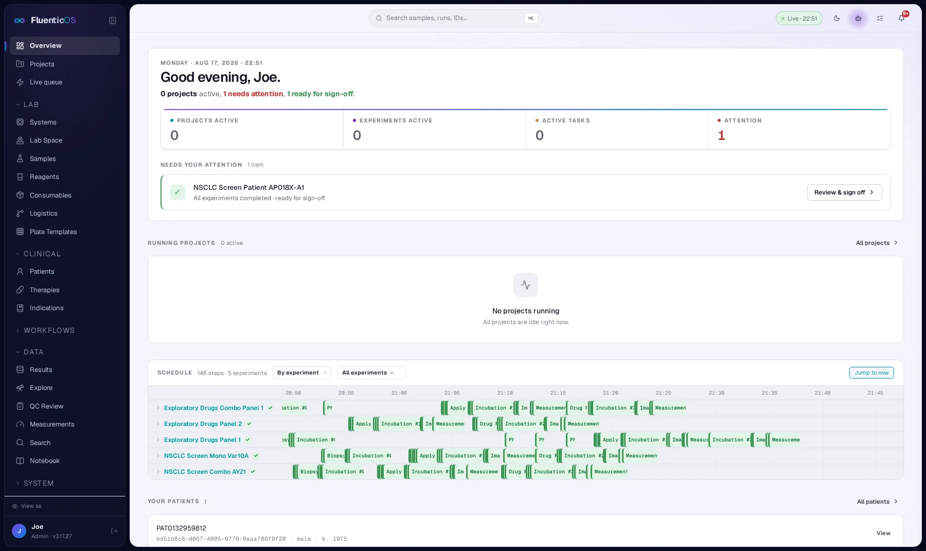 FluenticOS overview dashboard with the live schedule Gantt chart in the middle, showing running projects and up-next steps