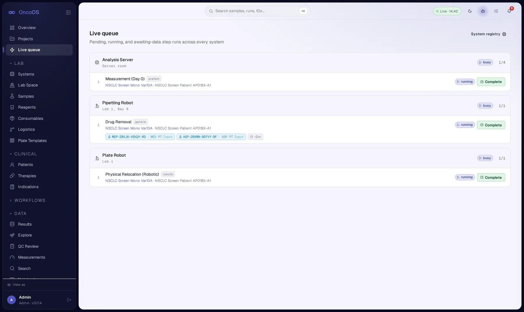 OncoOS live queue showing running and pending step runs per instrument